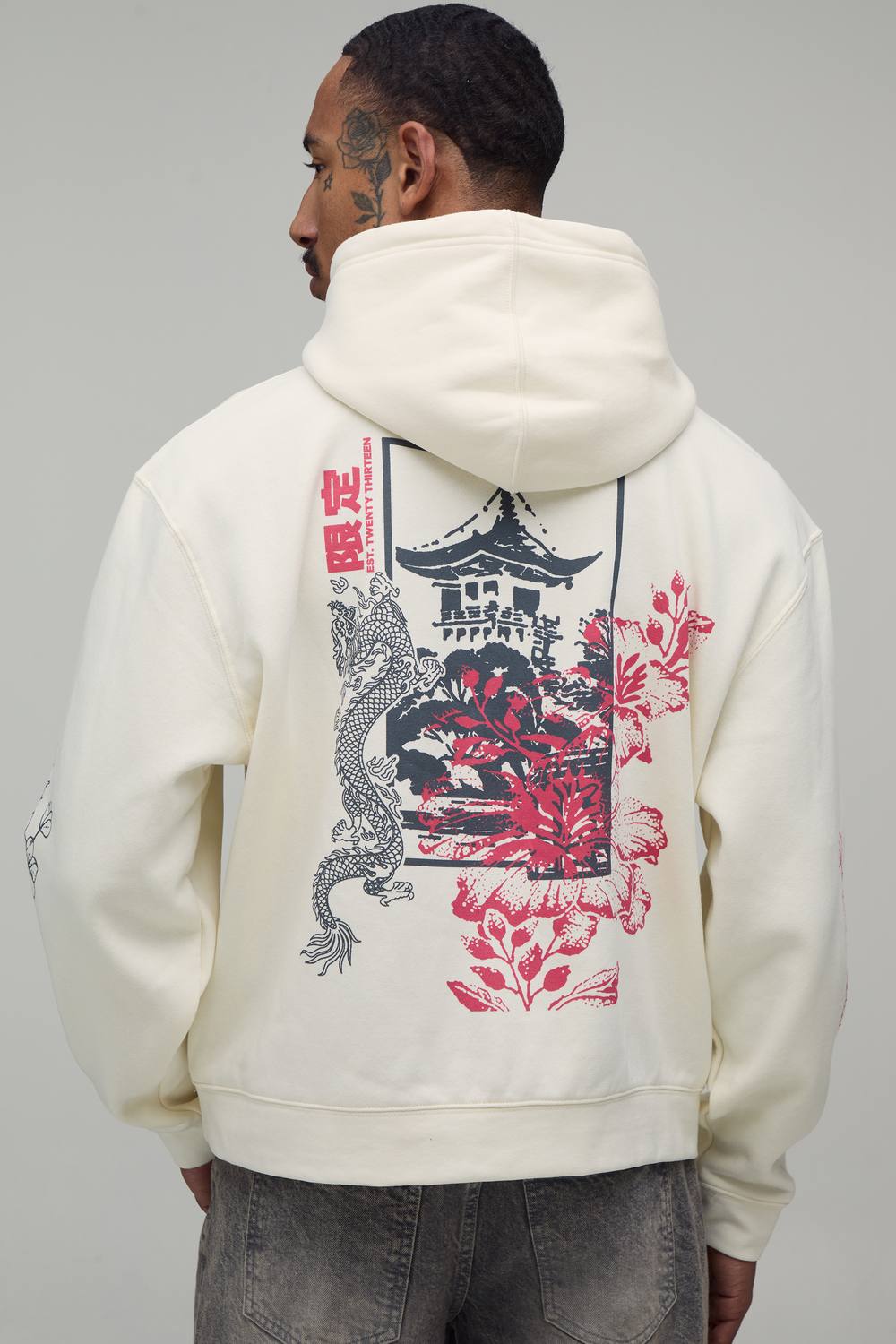 Ecru Oversized Boxy Kyoto Doodle Print Hoodie | Size Medium