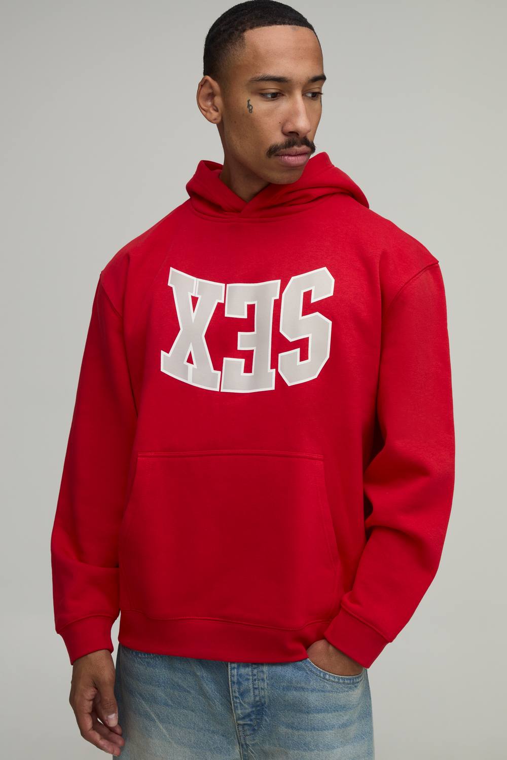 Red Oversized Slogan Varsity Print Hoodie | Size Medium