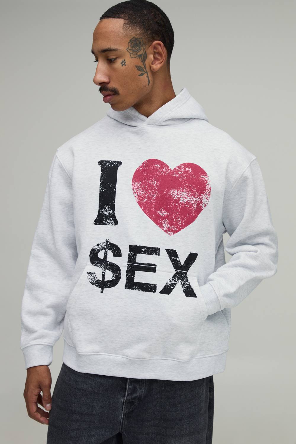Ash Grey Oversized Slogan Print Hoodie | Size Medium