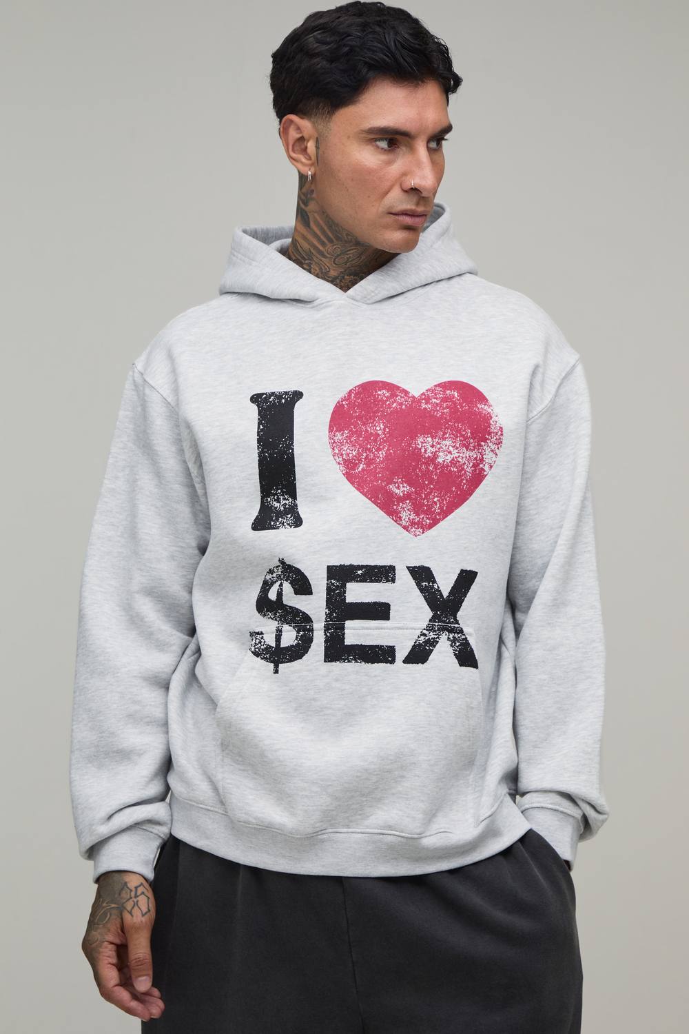 Tall Ash Grey Oversized Slogan Print Hoodie | Size Medium