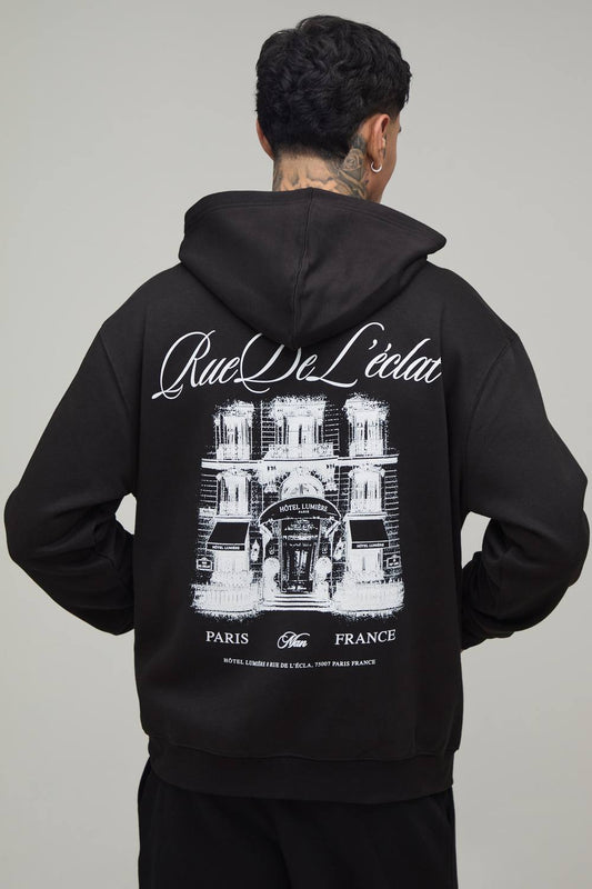 Tall Black Oversized Paris Graphic Hoodie | Size Medium