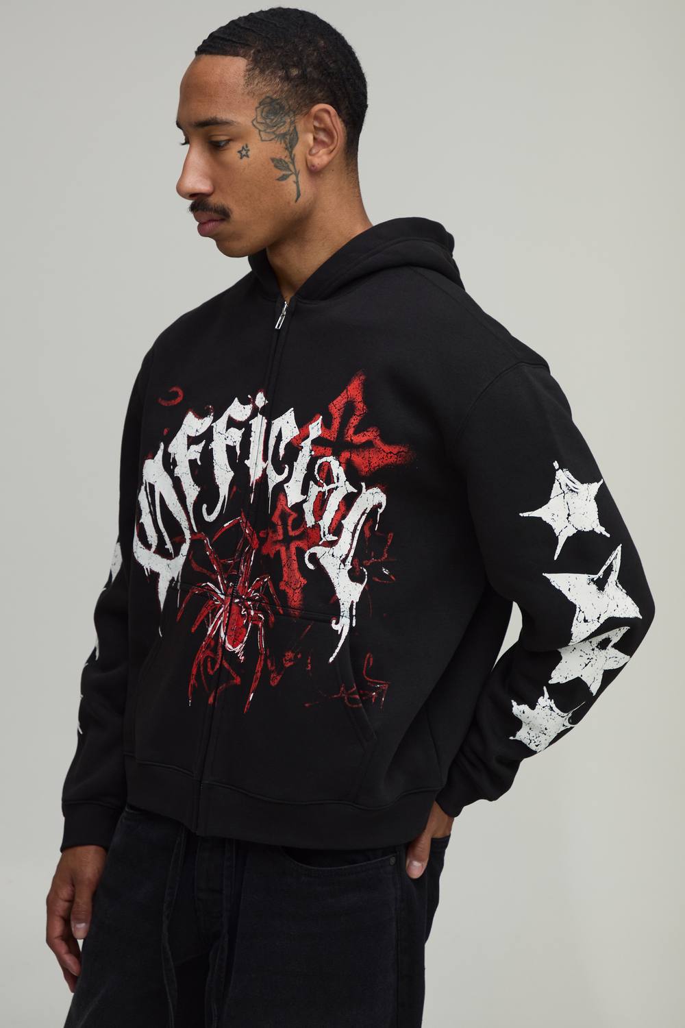 Black Oversized Boxy Spider Doodle Print Zip Through Hoodie | Size Medium