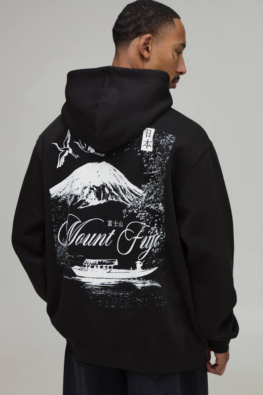 Black Oversized Mount Fuji Graphic Hoodie | Size Medium