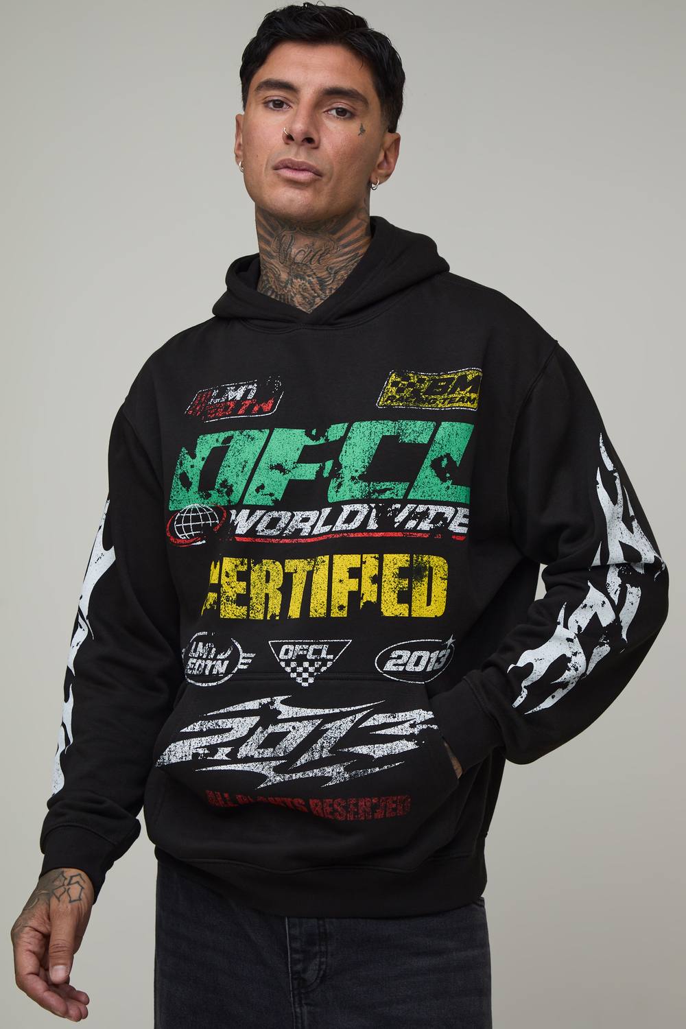 Tall Black Oversized Moto Print Hoodie | Size Medium