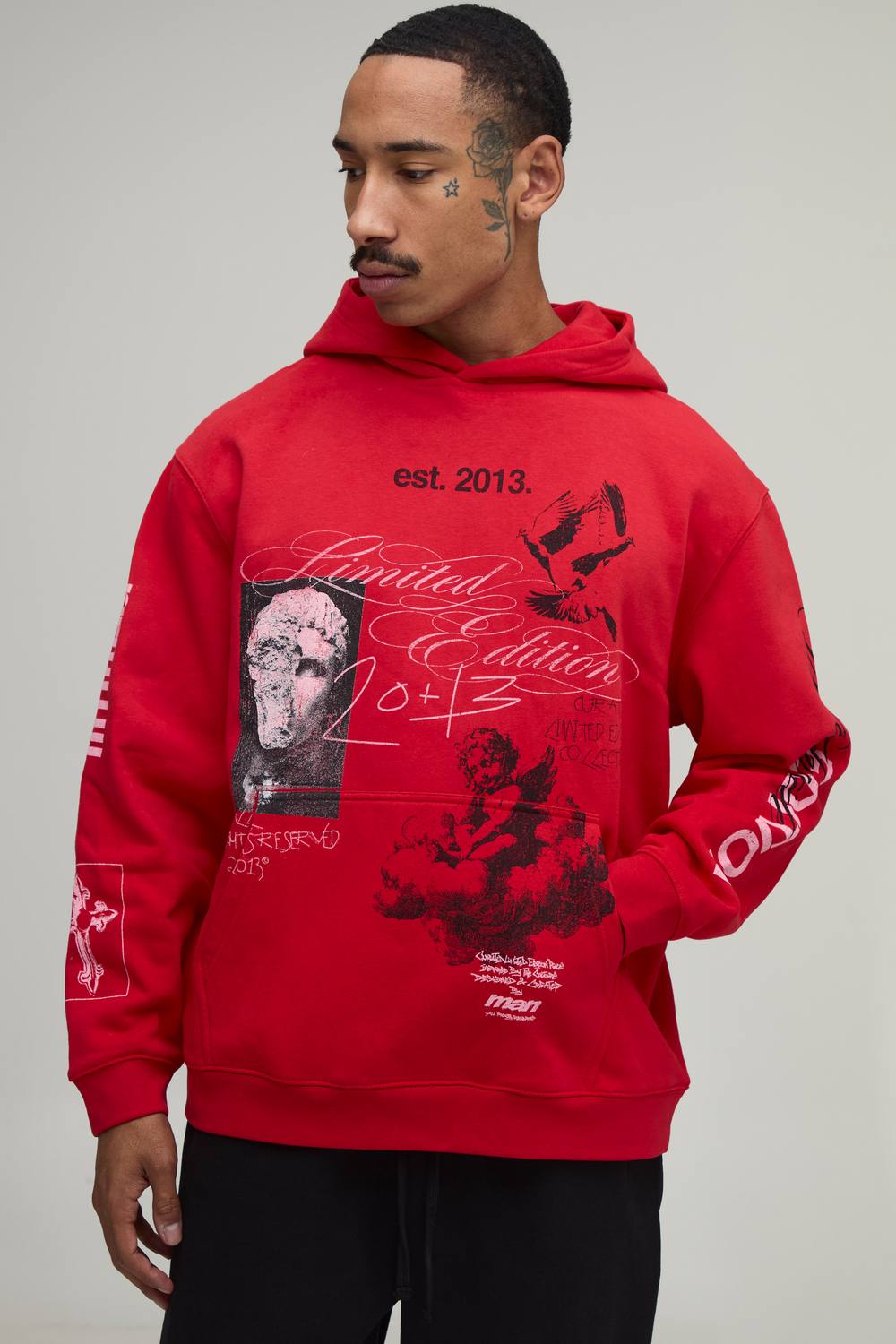 Red Oversized Renaissance Doodle Print Spray Wash Hoodie | Washed Red | Size Medium
