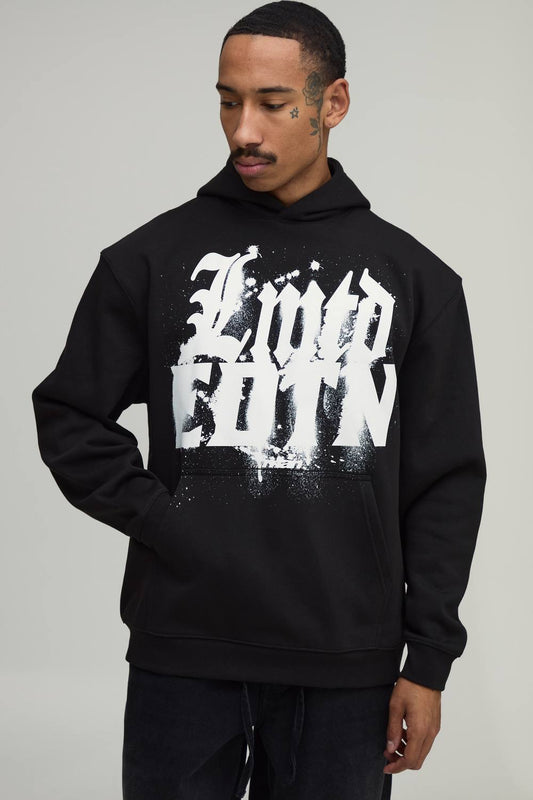 Black Oversized Lmtd Edtn Graffiti Print Hoodie | Size Medium