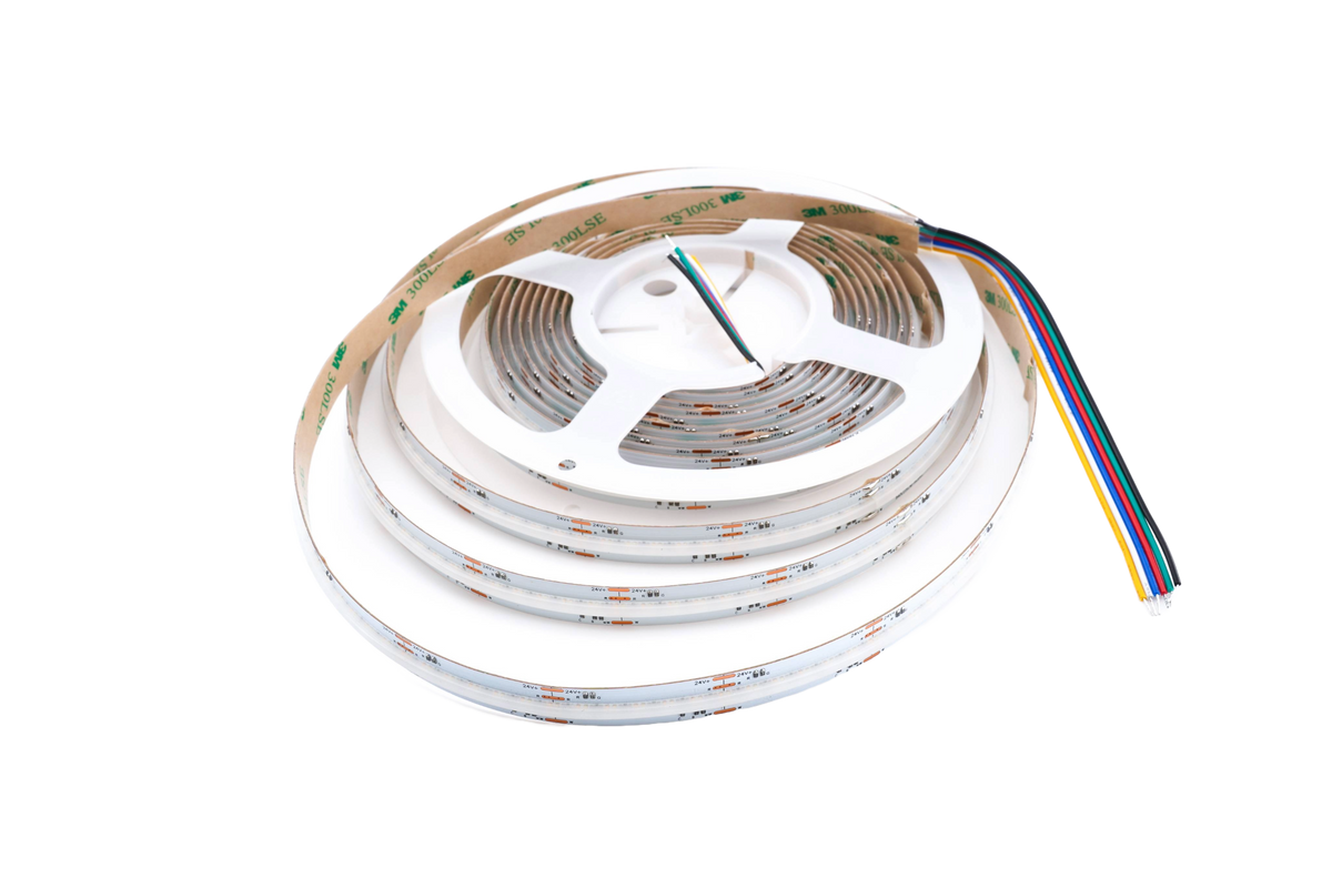COB RGBCCT LED Streifen 12 mm, 840 LEDs/m, 24V, 21 W/m, RGB und CCT 3000-6000K, IP33, punktfrei