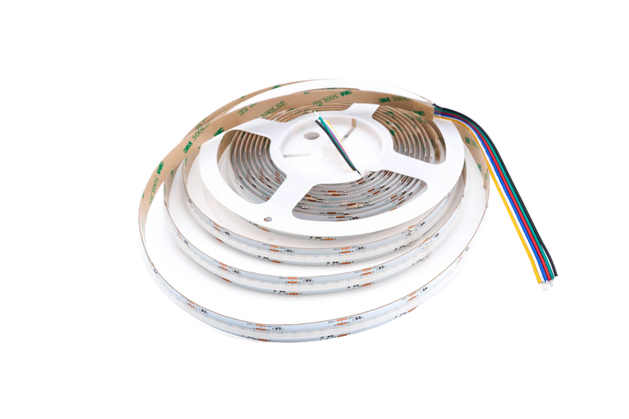 COB RGBCCT LED Streifen 12 mm, 840 LEDs/m, 24V, 21 W/m, RGB und CCT 3000-6000K, IP65, wasserfest