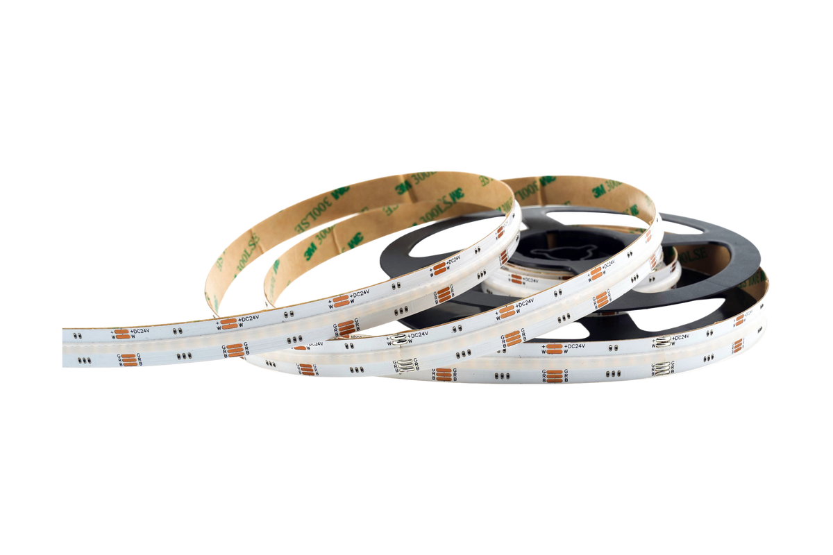 COB RGBW LED Streifen 12 mm – 896 LEDs/m, 24V, 20 W/m, 1160 lm/m, 5m – RGB+Warmweiß 2700K CRI>90, IP65, wasserfest