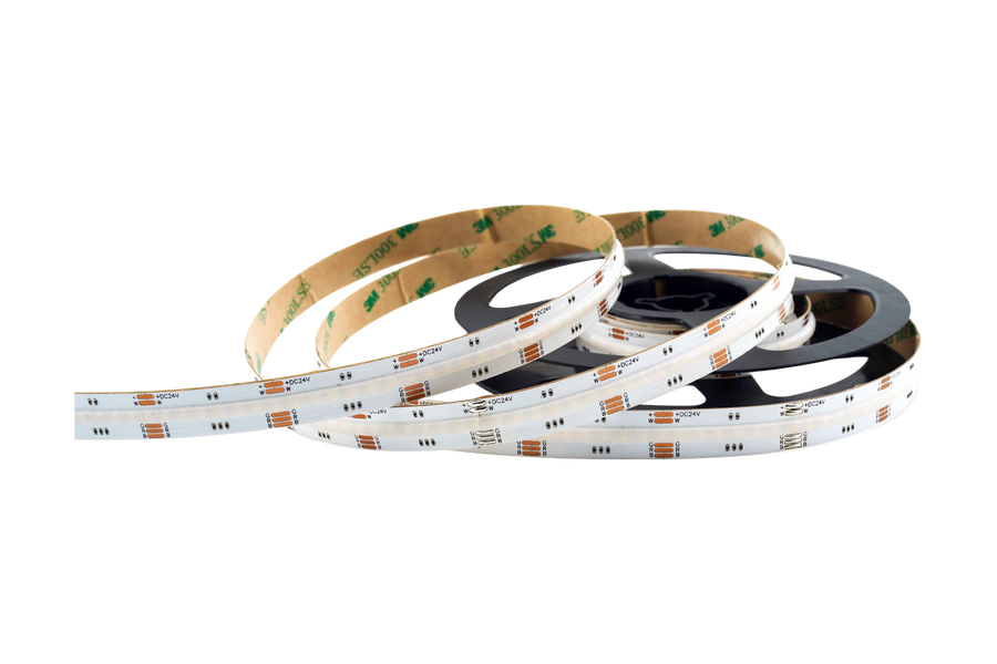 COB RGBW LED Streifen 12 mm – 896 LEDs/m, 24V, 20 W/m, 1160 lm/m, 5m – RGB+Warmweiß 2700K CRI>90, IP65, wasserfest
