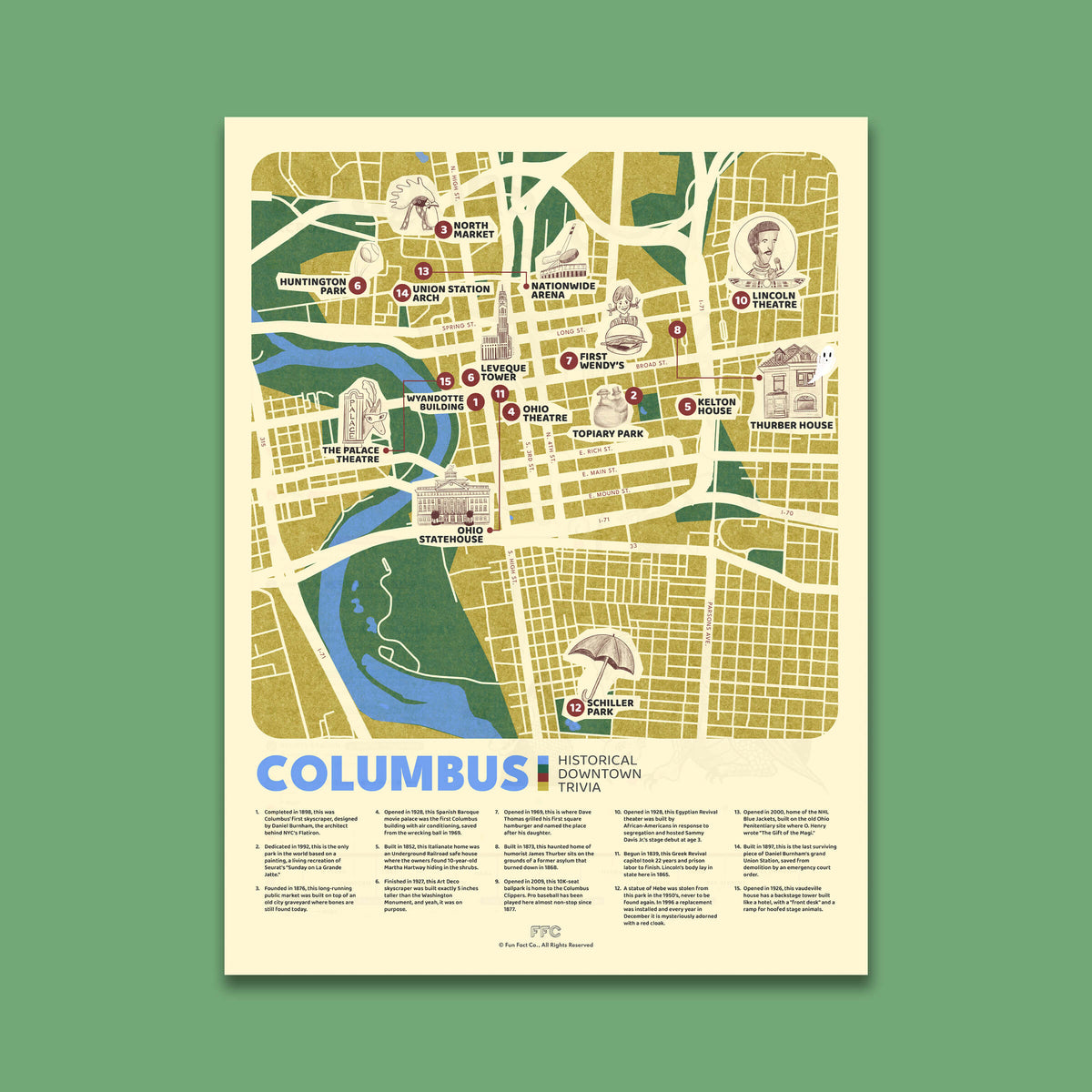 Columbus Historic Downtown Trivia Map Print - 12x16" / Unframed