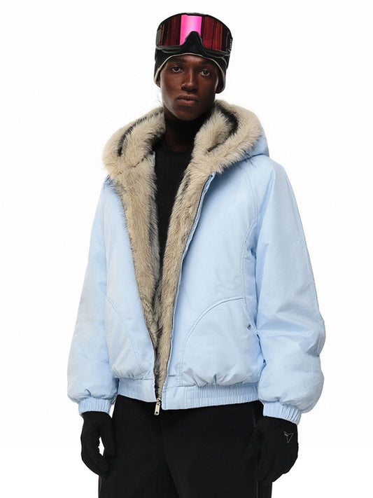 Street Faux Fur Collar Hooded Windproof Padded Jacket - Light Blue / S