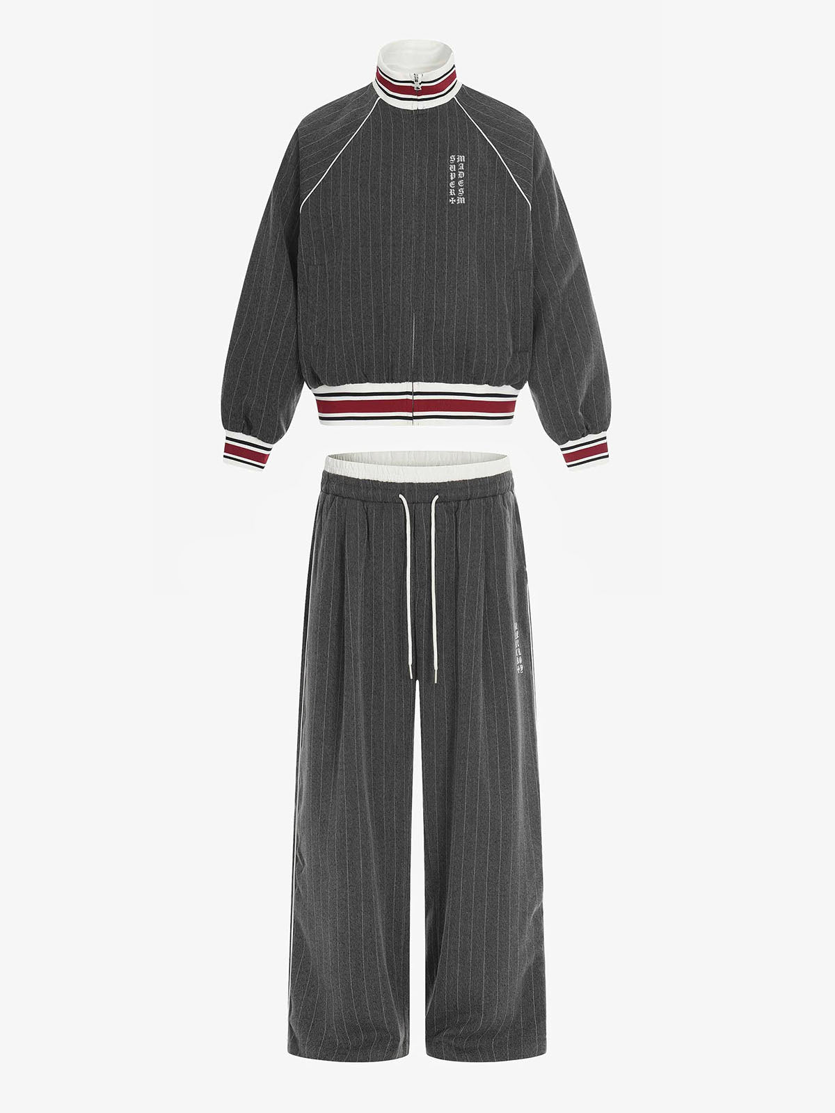 Retro Color-Blocked Striped Stand-Collar Tracksuit - Gray / S / Set