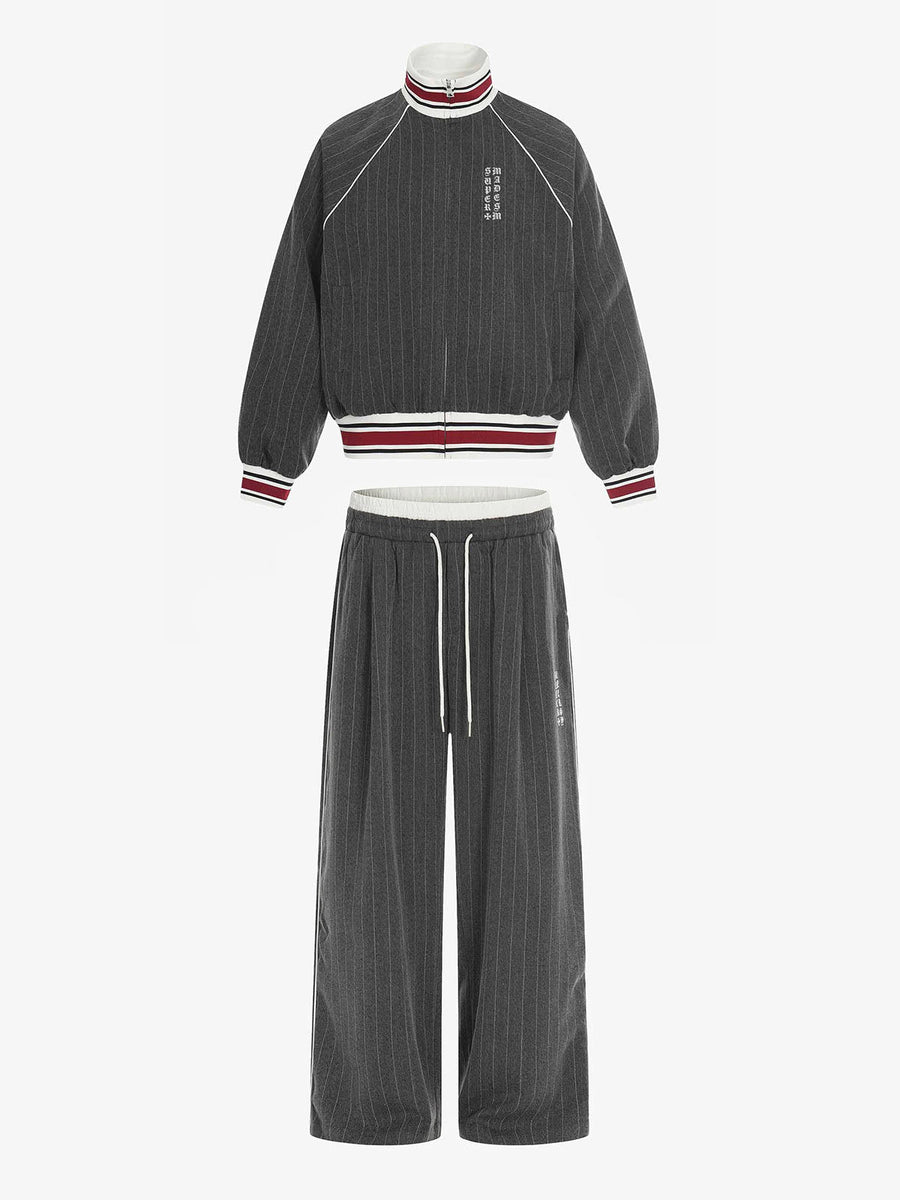 Retro Color-Blocked Striped Stand-Collar Tracksuit - Gray / S / Set