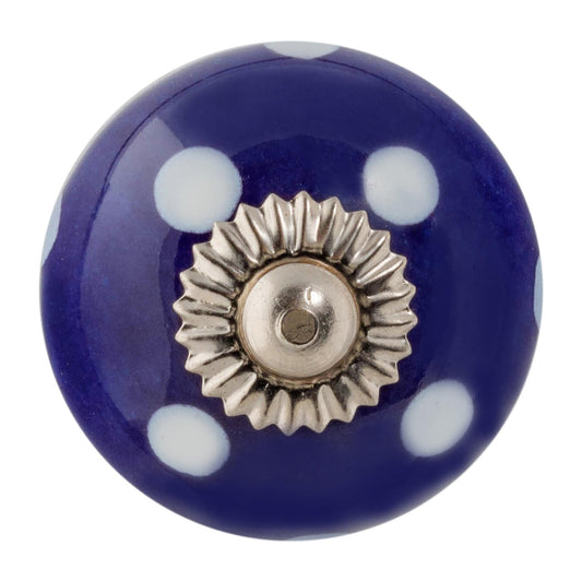 Round Spot Ceramic Cabinet Knob - White Dot on Navy