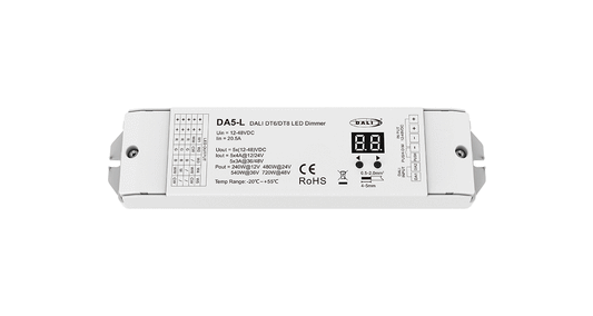 DA5-L 5-Kanal DALI LED-Dimmer – 12–48 V DC, DT6 & DT8, Konstantspannung für Farbsteuerung