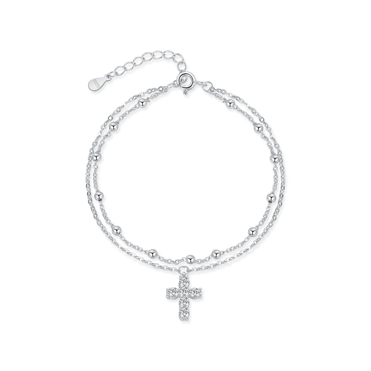 Stunning Double Layer Link Chain Bracelet with Exquisite Cross CZ Design in 925 Sterling Silver for Women - Perfect for Elegant Occasions - Rhb1817