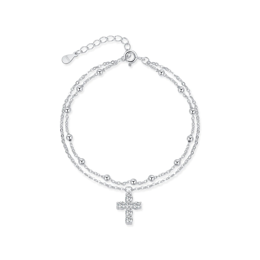 Stunning Double Layer Link Chain Bracelet with Exquisite Cross CZ Design in 925 Sterling Silver for Women - Perfect for Elegant Occasions - Rhb1817