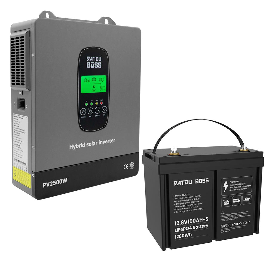 DATOUBOSS 12VDC–230VAC 1800W 1.28kWh 100Ah Power Kit, Hybrid Inverter with Built-in MPPT Controller & 12V 100Ah LiFePO4 Battery, Smart BMS
