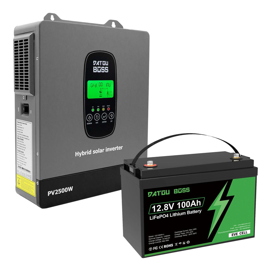 DATOUBOSS 12VDC–230VAC 1800W 1.28kWh 100Ah Power Kit, Hybrid Inverter with Built-in MPPT Controller & 12V 100Ah LiFePO4 EVE Battery, Smart BMS