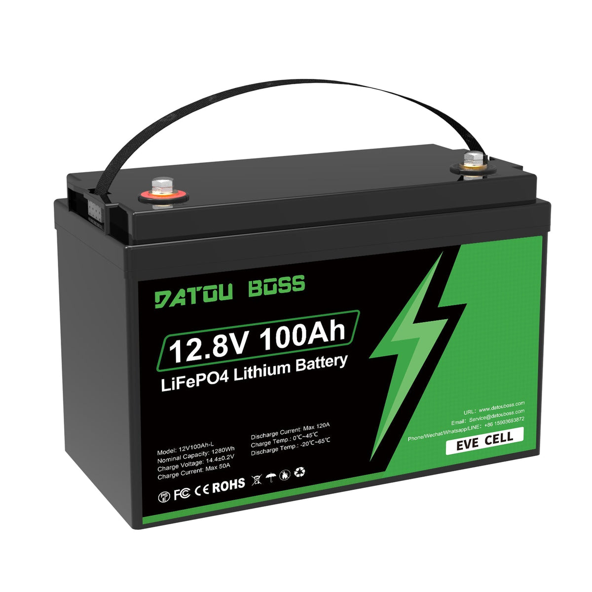 DATOUBOSS EVE Cells 12V 100Ah LiFePO4 Battery, 100A BMS, 15000+ Deep Cycles Lithium Battery for RV & Solar