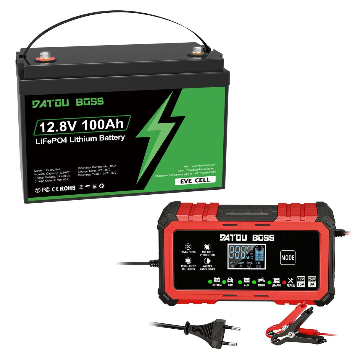 DATOUBOSS EVE Cells 12V 100Ah LiFePO4 Battery with 100A BMS, 15000+ Deep Cycles + 12V15A-24V8A Smart Battery Charger (EU Standard) for RV & Solar
