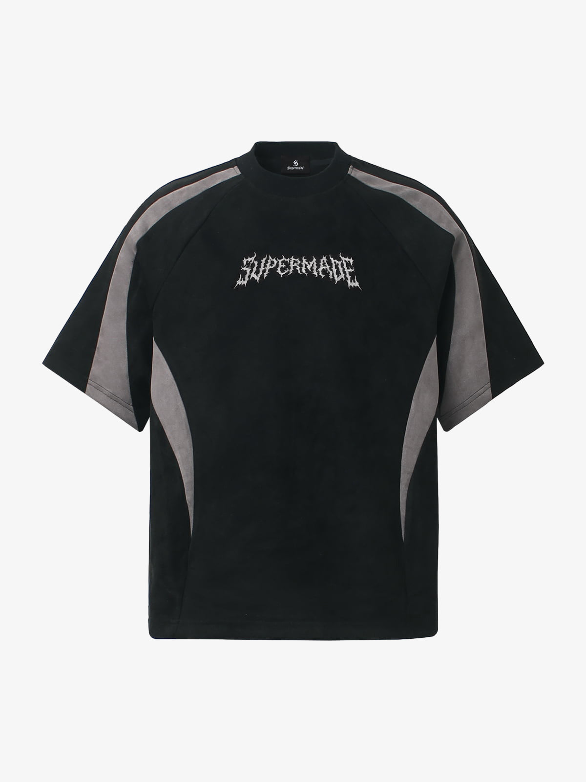 Suede Panel Embroidered Logo Short Sleeve T-Shirt - Black / M