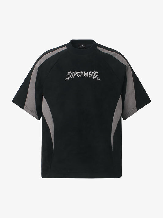 Suede Panel Embroidered Logo Short Sleeve T-Shirt - Black / M