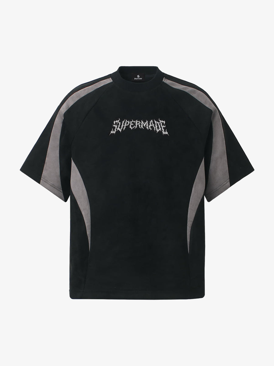 Suede Panel Embroidered Logo Short Sleeve T-Shirt - Black / M