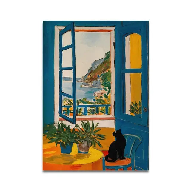 Whimsical black cat reading wall art set – bathroom decor - SW9918 / (A4)21X30cm Unframed