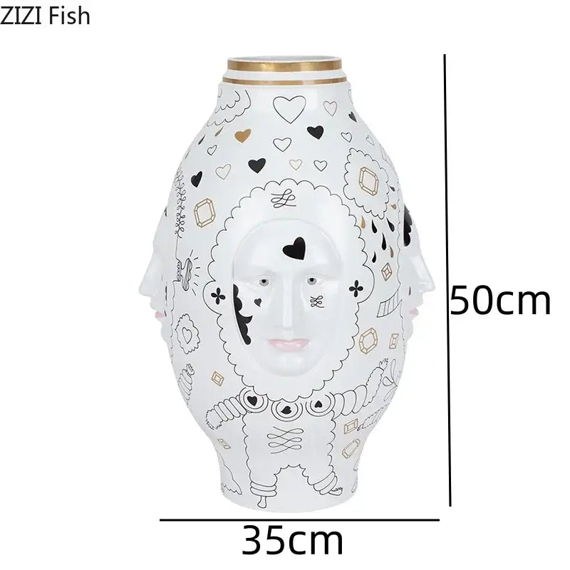 White Gold Facial Ceramic Vase Abstract Living Room Decor - 35x50cm