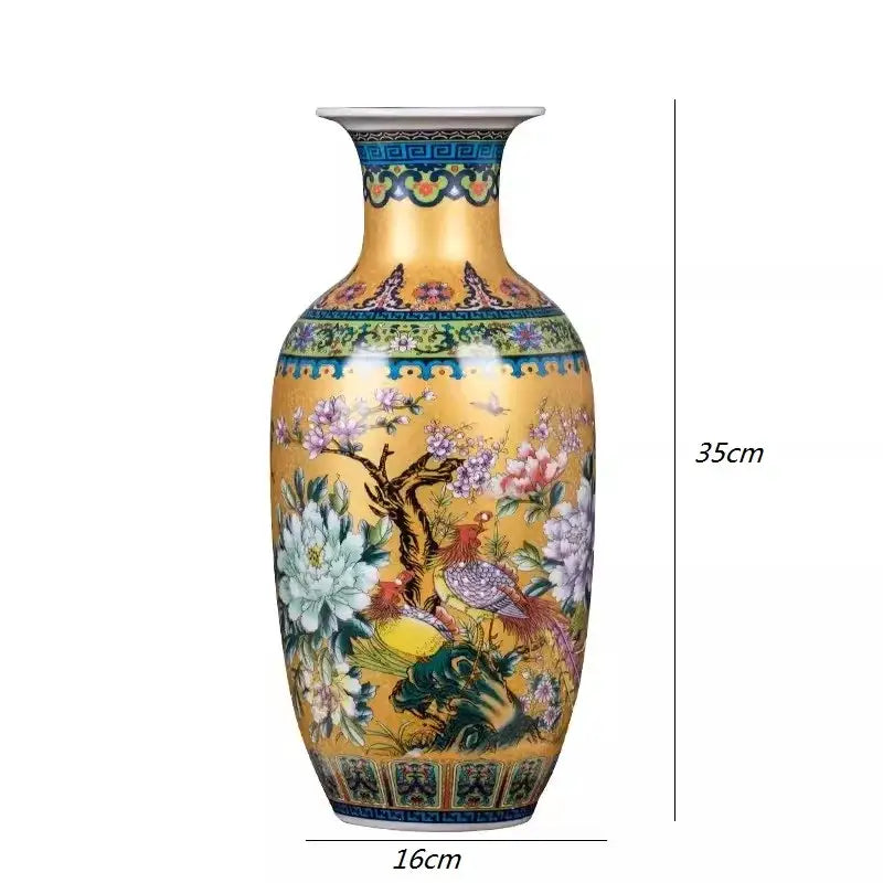 Yellow floral enamel colored vase living room porcelain decor - A