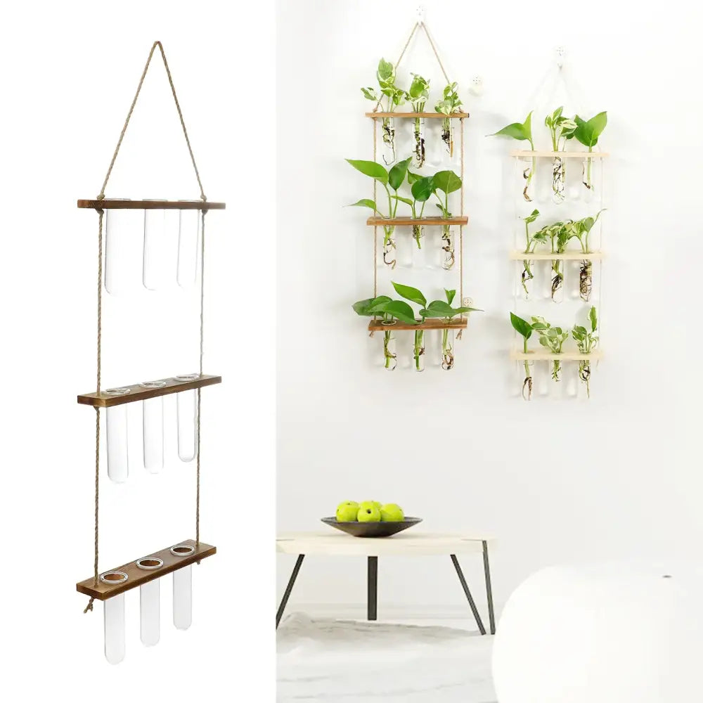 Wooden hanging plant rack with glass test tubes living room decor - 3layers Rustic Wood