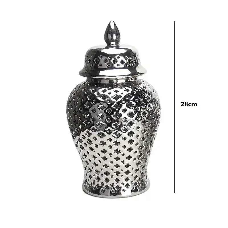 Gold Ceramic Temple Jar - Silver 28CM