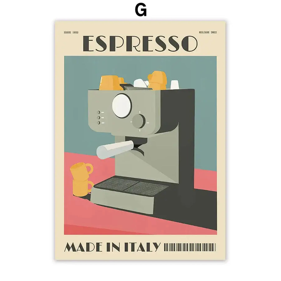 Vintage italian espresso coffee set of 6 framed kitchen wall art - G / A4 21X30cm No Framed