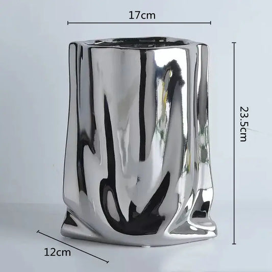 Silver Ruffled Ceramic Vase - silver-L