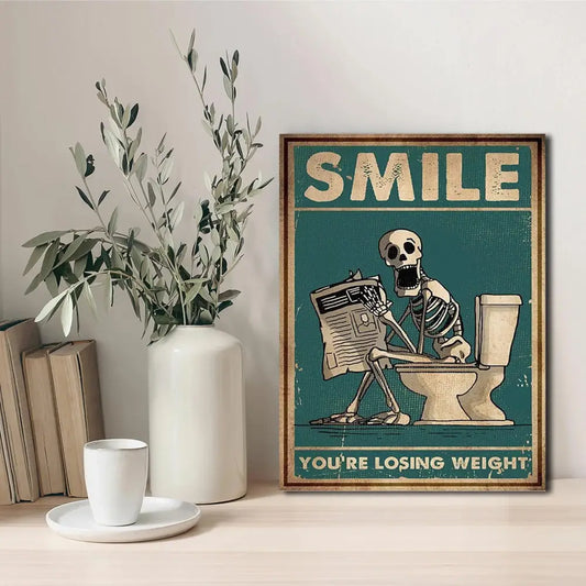 Vintage teal skeleton man squatting toilet canvas art bathroom decor - A / 12X18