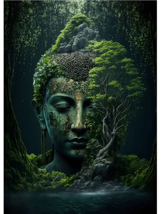 Vintage buddha green moss wall art poster living room canvas - C / 40x60cm No Frame