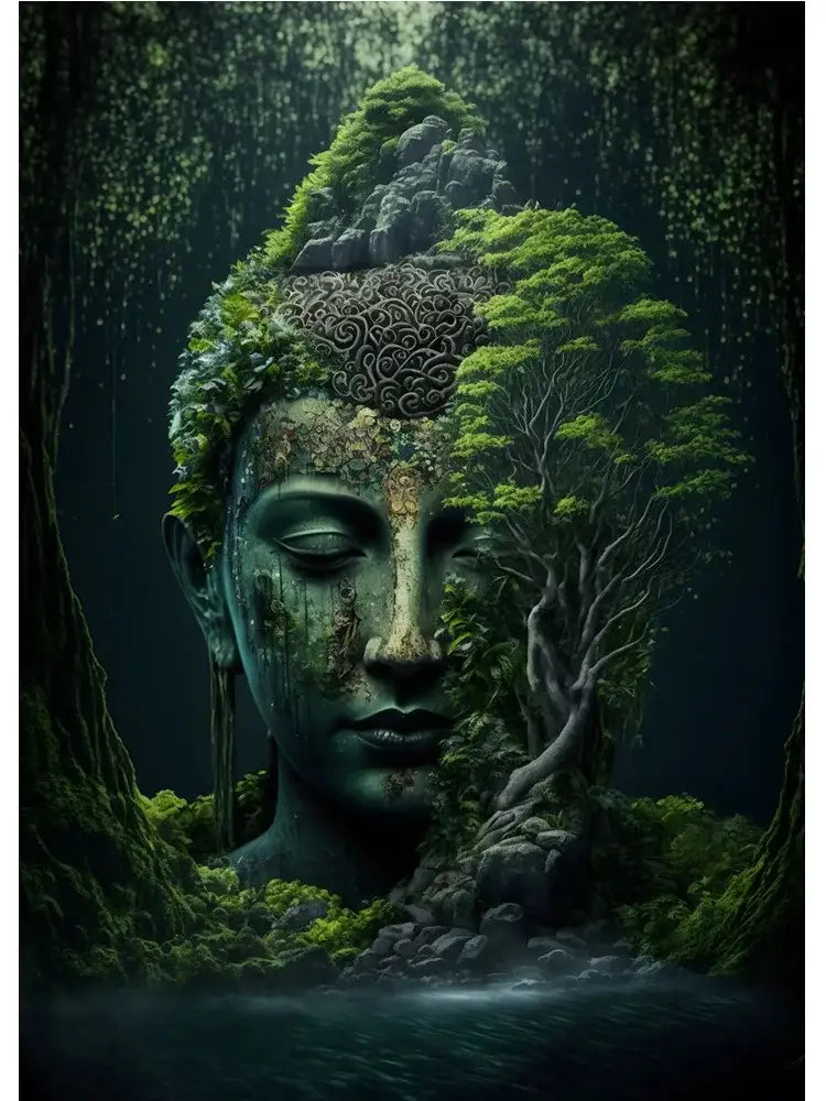 Vintage buddha green moss wall art poster living room canvas - C / 40x60cm No Frame