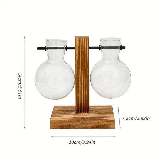 Vintage wood and two bulb vases desktop office plant propagation station - B