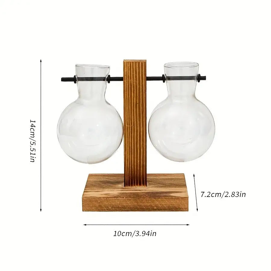 Vintage wood and two bulb vases desktop office plant propagation station - B