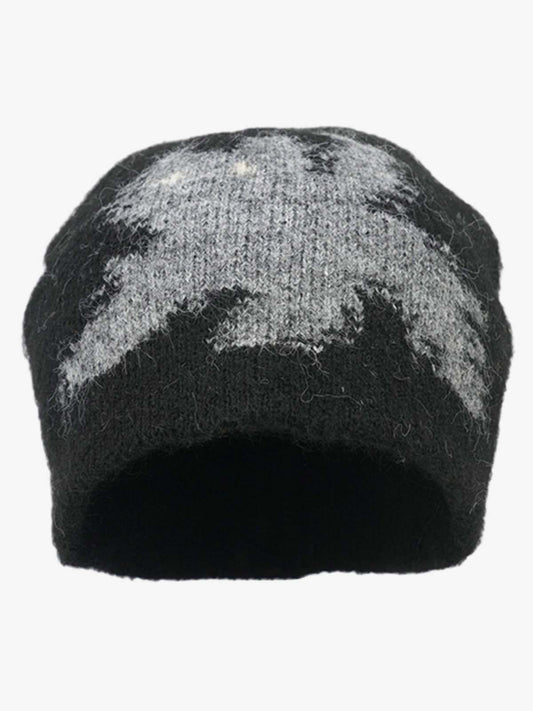Vintage Fuzzy Cat Pattern Knit Beanie Hat - Black / ONE SIZE