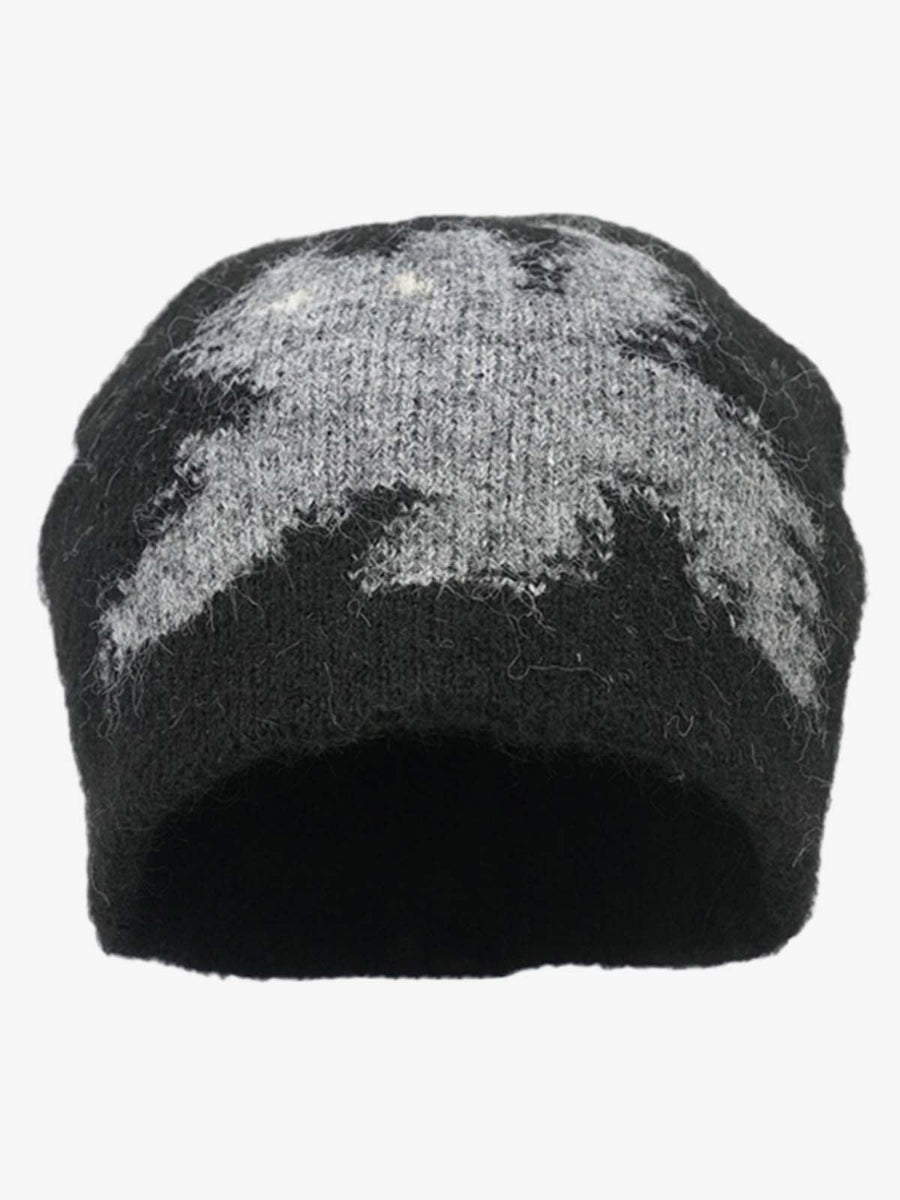 Vintage Fuzzy Cat Pattern Knit Beanie Hat - Black / ONE SIZE