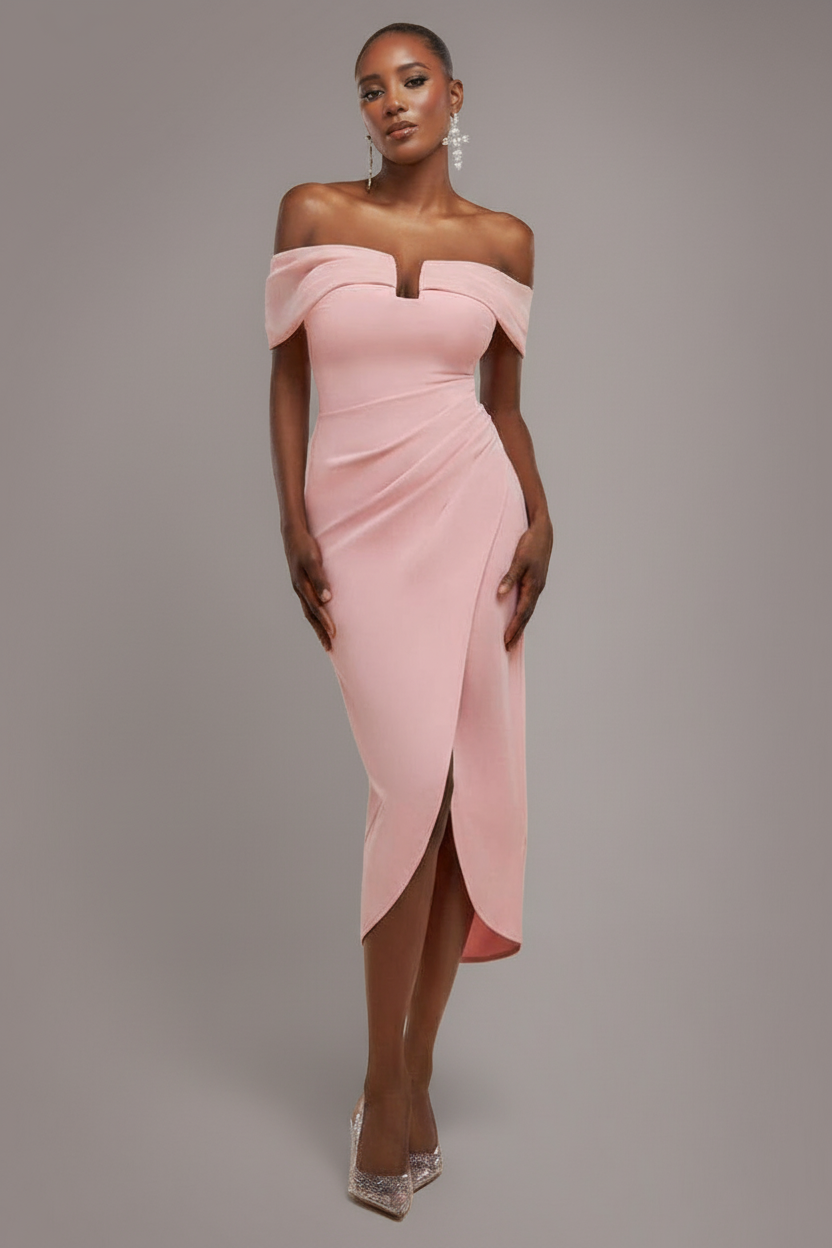 Goddiva Off The Shoulder Chiffon Wing Scuba Crepe Midi Dress - Blush Pink