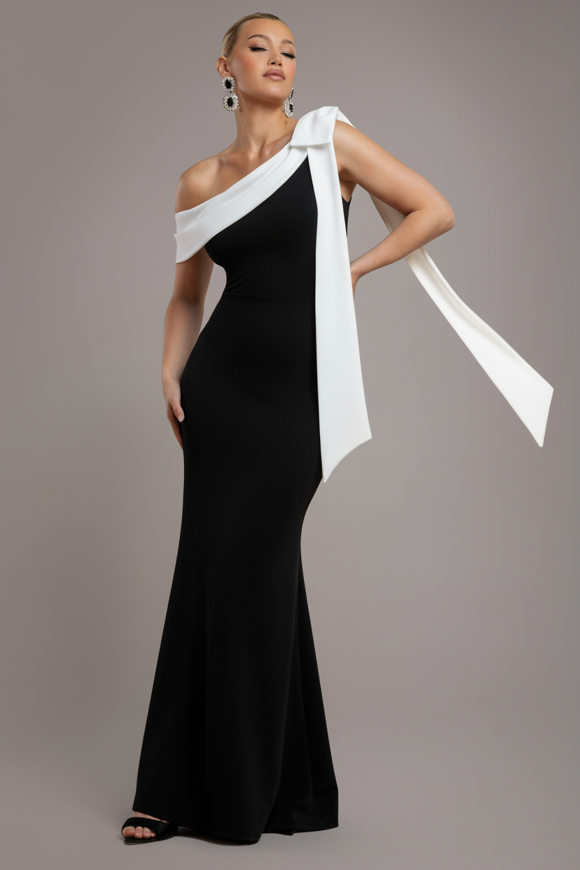 Goddiva One Shoulder Contrast Bow Maxi Dress - Black Cream