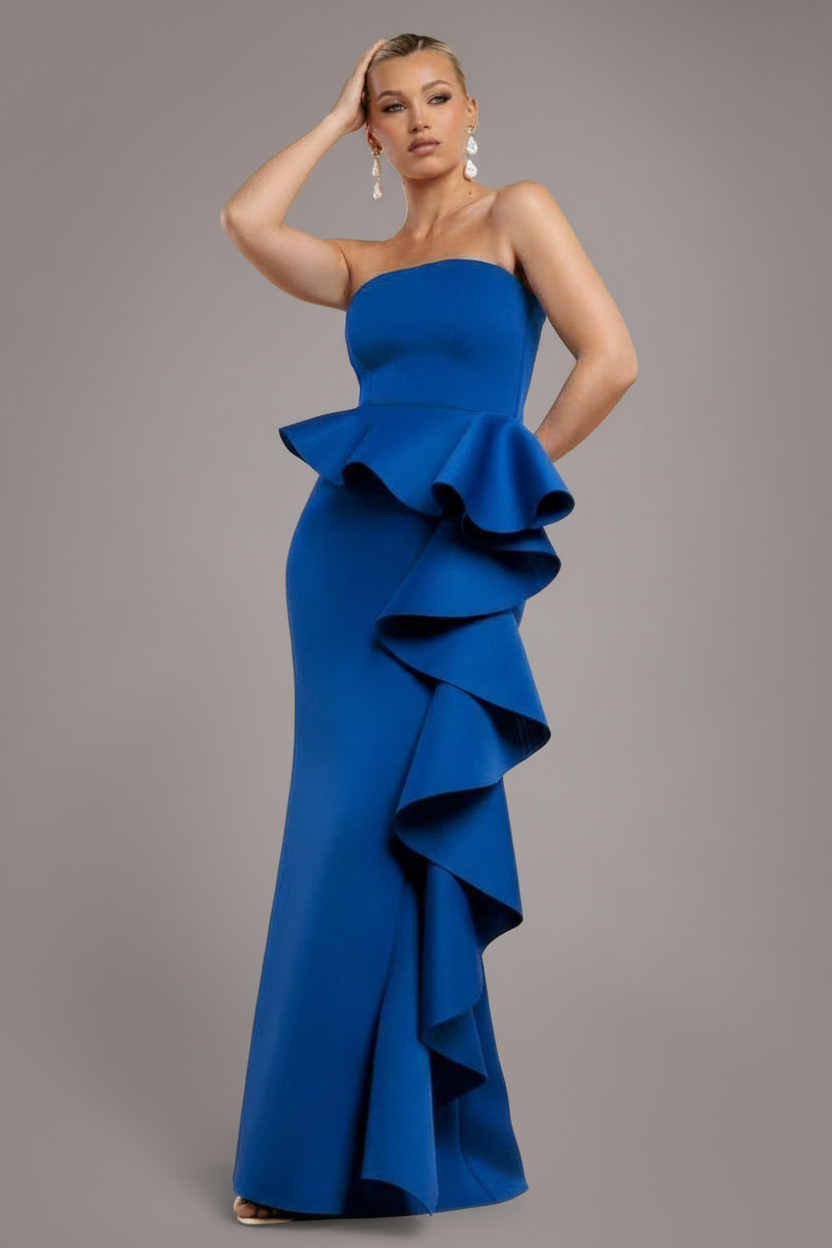 Boobtube Peplum  Waterfall Frill Maxi Dress - Royal Blue by Goddiva