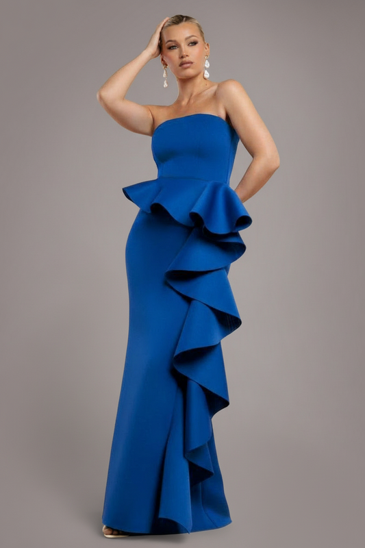 Goddiva Boobtube Peplum  Waterfall Frill Maxi Dress - Royal Blue