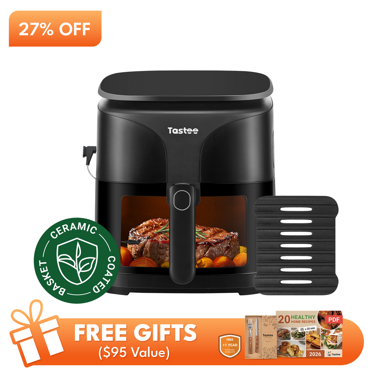 Tastee Sensor Magic Smart Air Fryer (Ceramic Coated)+Cast Iron Grill Pan
