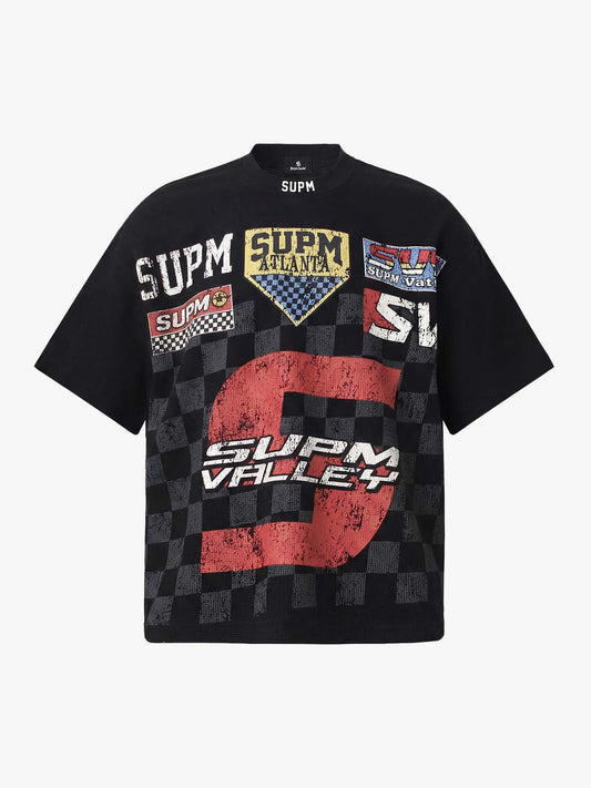 Waffle Knit Racing Checkered Flag Graphic T-Shirt - Black / S