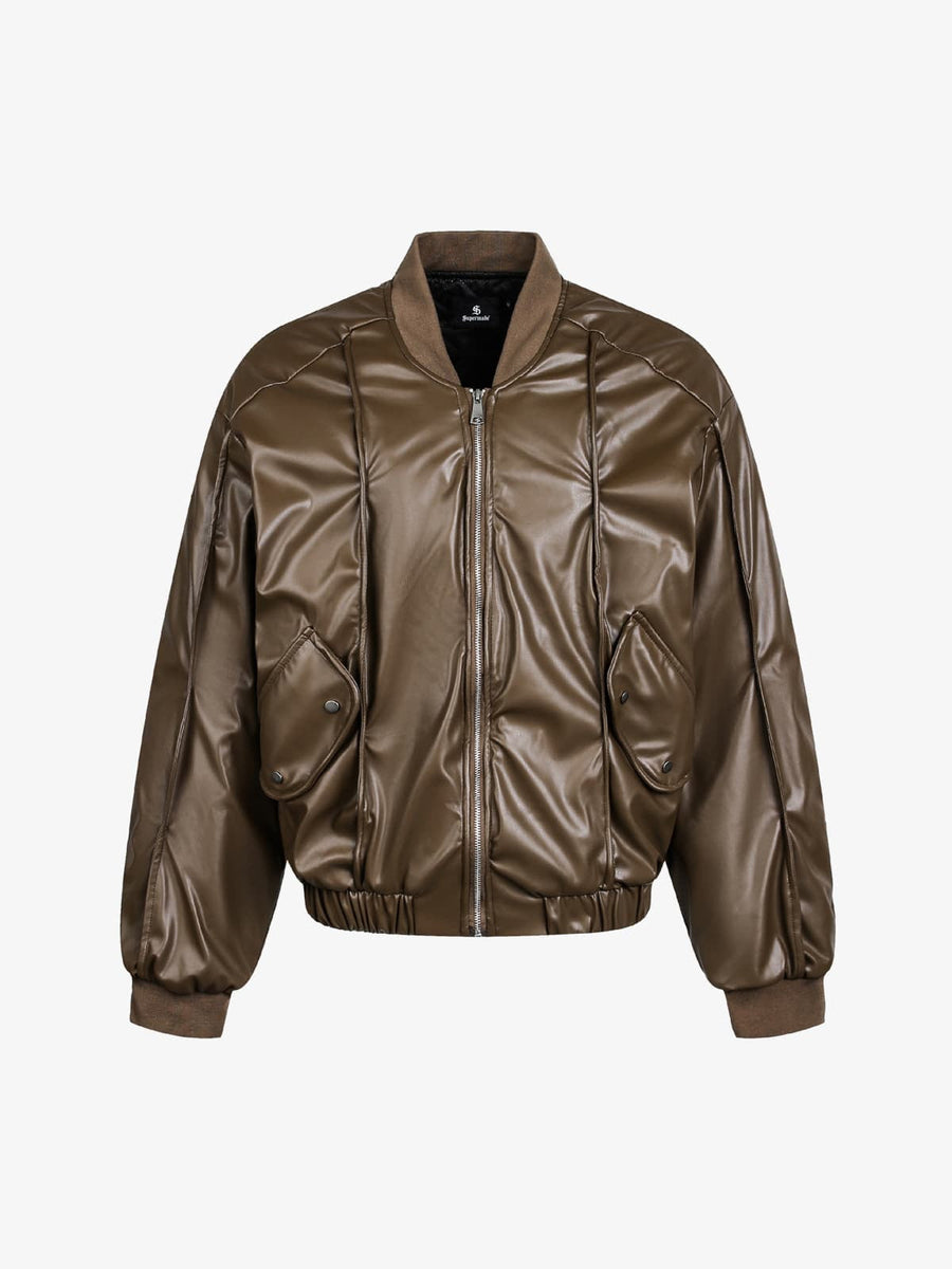 Retro Brown Faux Leather Zip-Up Bomber Jacket - Coffee / M